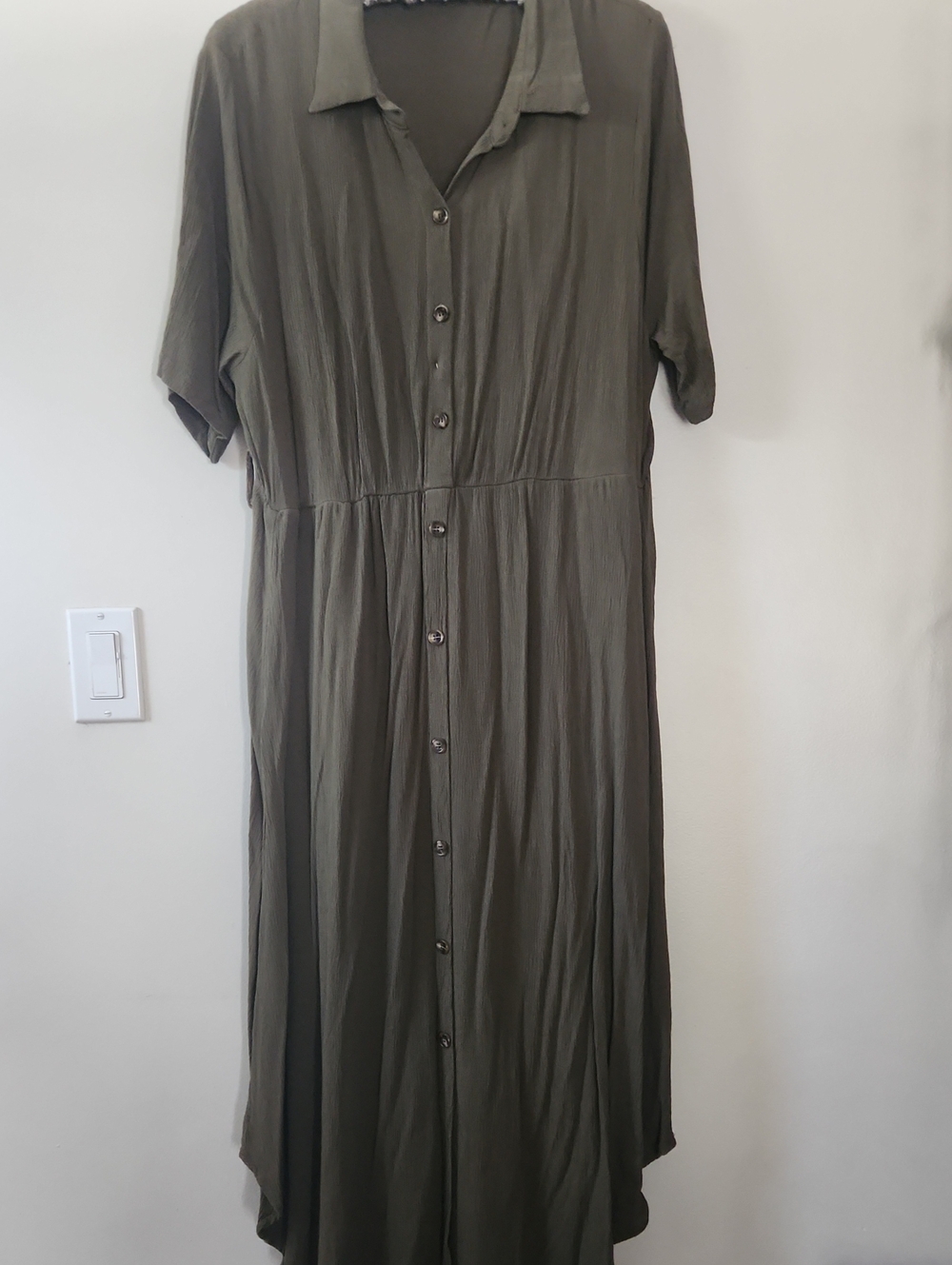 BloomChic Olive Green Button-Front Maxi Dress No Waiste Tie Belt